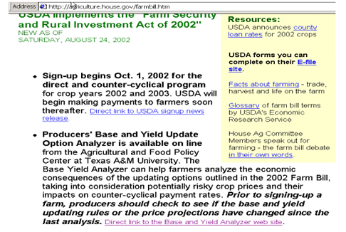 Screen shot of from House Ag. Committee Web Page