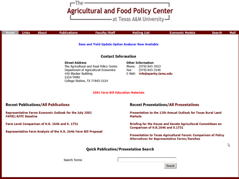 Screen shot of the Agriculture and Food Policy Center webpage